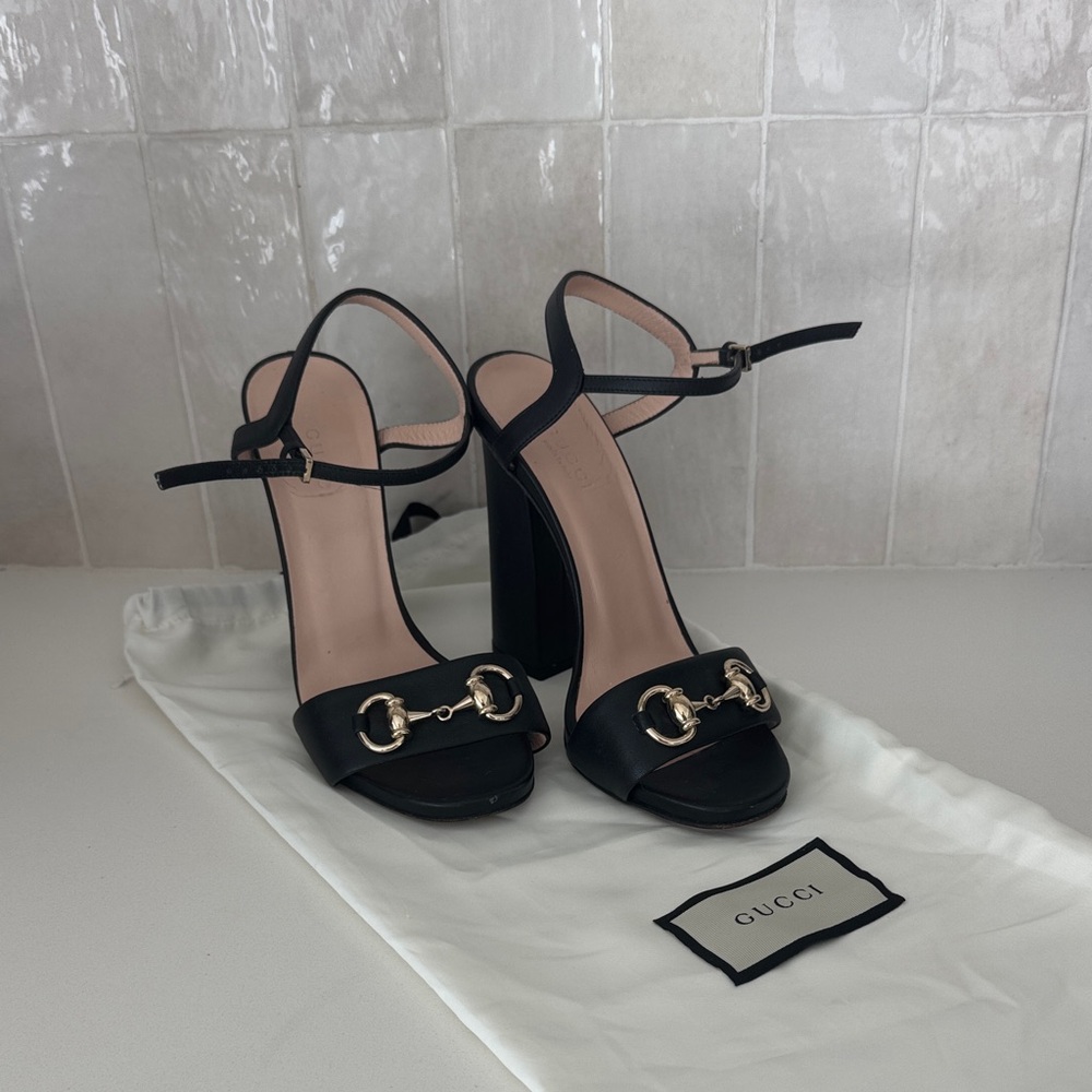 Gucci Black Leather Heeled Sandals